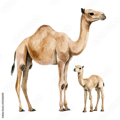 A watercolor vector painting of a mother dromedary with her kid, isolated on a white background.

