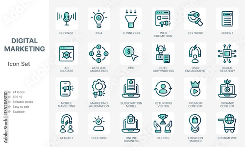 Modern green icon collection for digital marketing