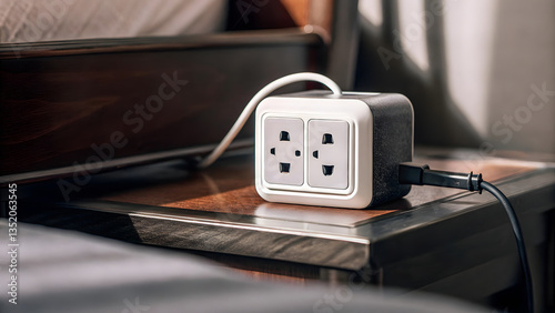 Wallpaper Mural Power Outlet: A close-up shot of a double power outlet sitting on a wooden nightstand, with a cable plugged into it. Torontodigital.ca