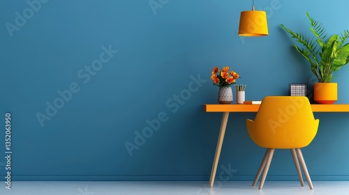 Wallpaper Mural Modern blue and yellow home interior in a room with a desk, chair, and plant against the wall creates a stylish and inviting atmosphere. Torontodigital.ca