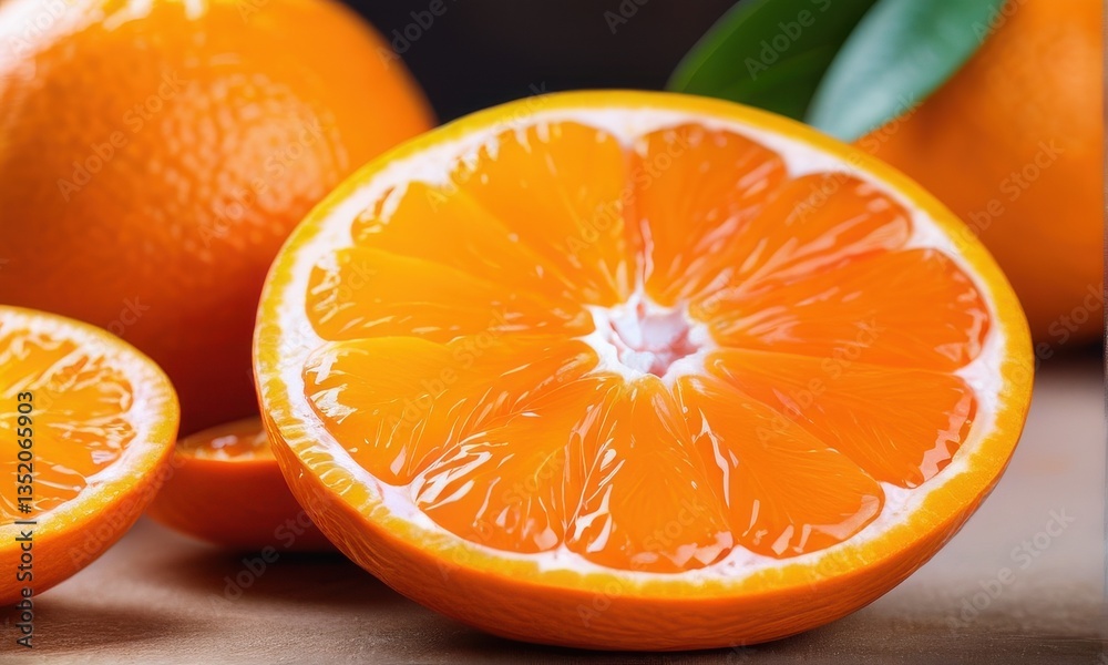 Closeup of Juicy Orange Slices with Green Leaves on Brown Background Closeup of Juicy Orange Slices with Green Leaves on Brown Background