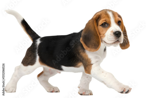 A Beagle puppy walks with his legs raised, his smooth tricolor fur is fluffy, isolated on a transparent white background