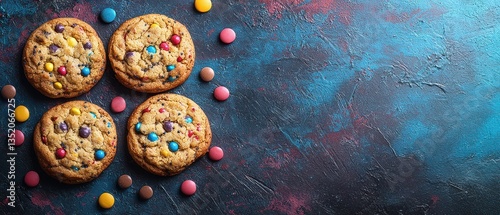 Obraz na płótnie Colorful baked chocolate cookies with sprinkles and sweet candy treats; a delightful dessert and food for everyone. w salonie