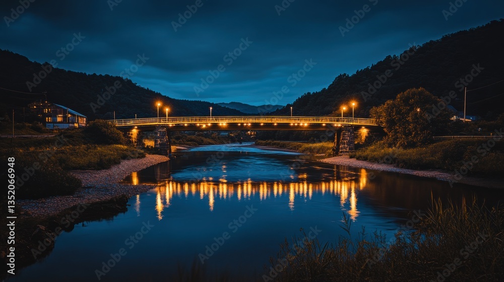 Fototapeta premium Nightfall Serenity: Illuminated Bridge Reflecting on Tranquil River