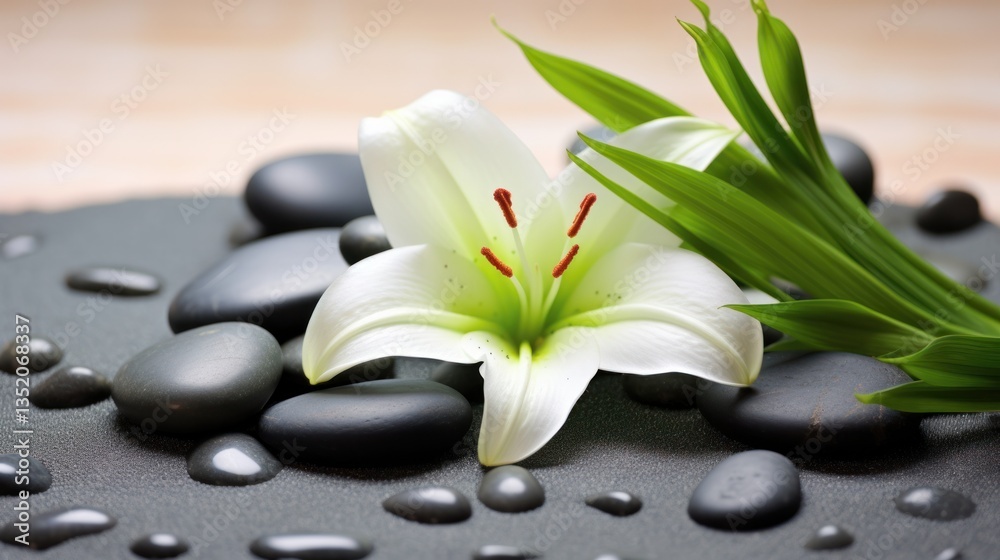 Obraz premium Close-up of smooth, dark spa stones arranged in a peaceful zen garden with delicate white sand