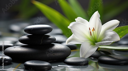 Close-up of smooth, dark spa stones arranged in a peaceful zen garden with delicate white sand
