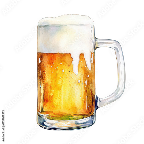 a watercolor illustration of a frothy beer in a clear glass mug showcasing the golden liquid and foam capturing the essence of relaxation and enjoyment