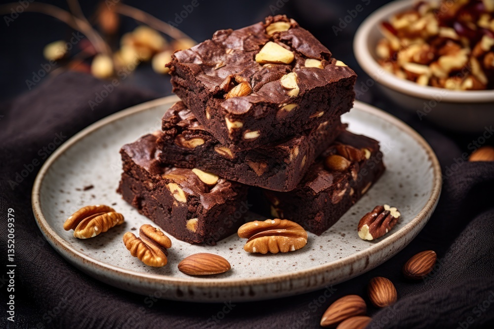 Decadent chocolate brownies with crunchy nuts placed on a soft, patterned napkin Decadent chocolate brownies with crunchy nuts placed on a soft, patterned napkin