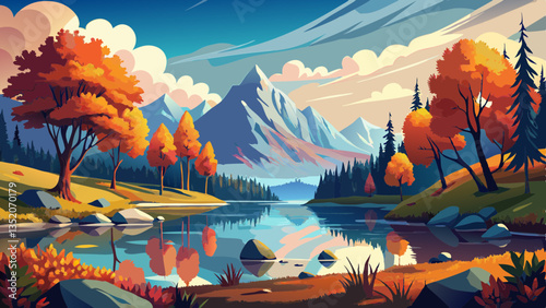 Vector Illustration of a Mountain Scene with a Road Passing Through