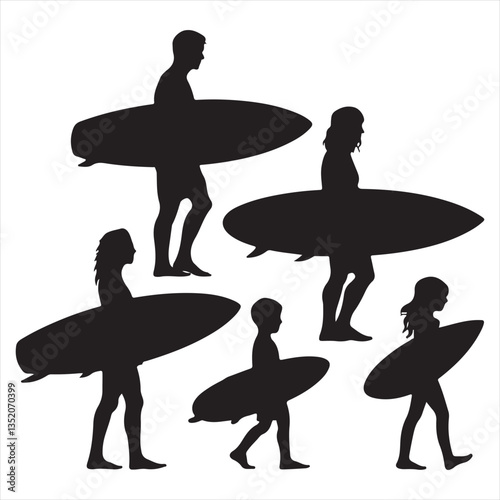 set vector various carrying Surfboard, surfer, guy standing Surfboard ,