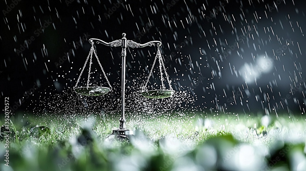 Scales of justice in rain. Balance, equality, law