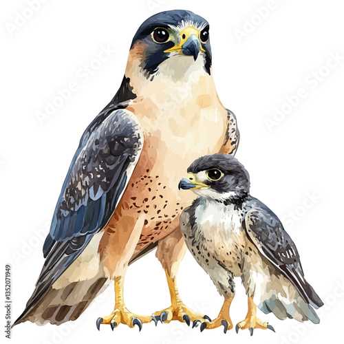 A watercolor vector painting of a mother falcon with her kid, isolated on a white background.

