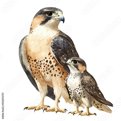 A watercolor vector painting of a mother falcon with her kid, isolated on a white background.

