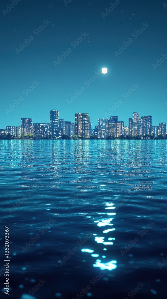 Fototapeta premium A cityscape reflecting in the tranquil water under a full moon