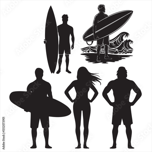 set vector various carrying Surfboard, surfer, guy standing Surfboard ,