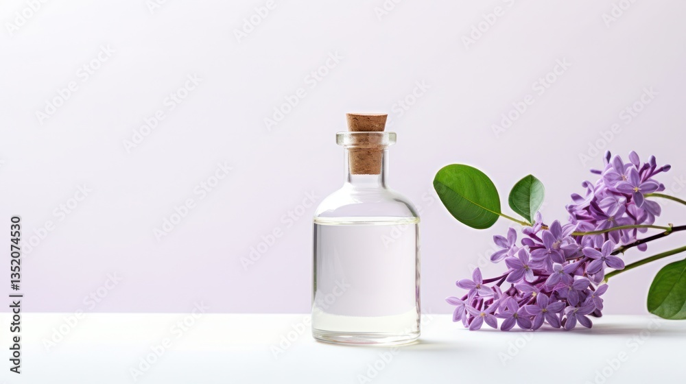 Minimalistic composition featuring a clear bottle of lilac essential oil with a lilac sprig on a plain white backdrop Minimalistic composition featuring a clear bottle of lilac essential oil with a lilac sprig on a plain white backdrop