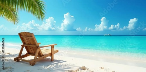 Empty wooden beach chair facing crystal clear ocean water under blue sky, relaxation, sky, chair