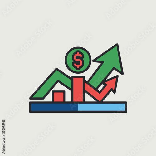 Depiction of a fluctuating financial market trend with upward and downward arrows and dollar sign illustrating economic growth and financial market instability