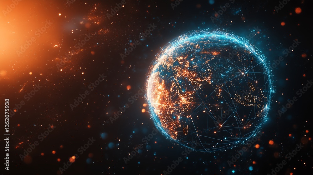 Fototapeta premium Digital technology concept with IoT and global internet network icons on a clean, modern background for digital marketing