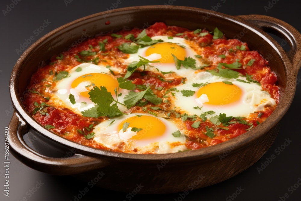 Pan of shakshuka with a golden-brown crust, vibrant tomato sauce, and perfectly cooked eggs, garnished with cilantro Pan of shakshuka with a golden-brown crust, vibrant tomato sauce, and perfectly cooked eggs, garnished with cilantro
