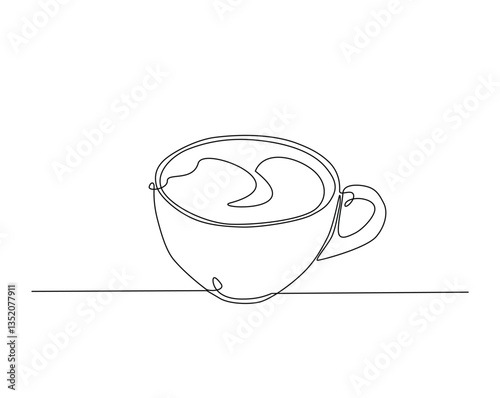 A cup of coffee one line drawing illustration. A cup of hot tea monoline design.