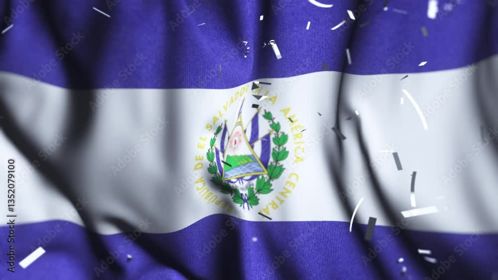 El Salvador flag waving confetti independence day 4k background