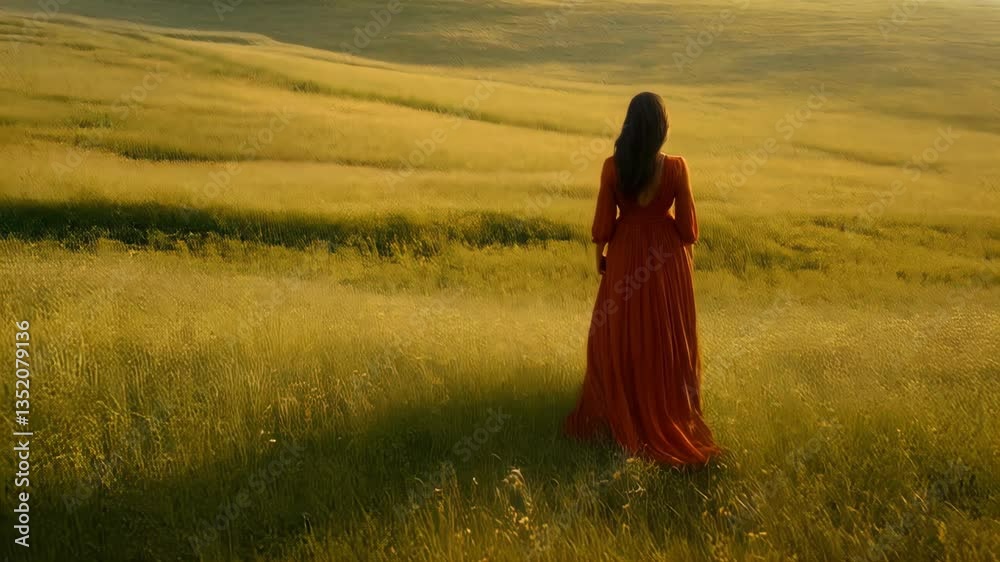 Woman in flowing red dress walks through golden field toward distant rustic house at sunset in serene countryside setting