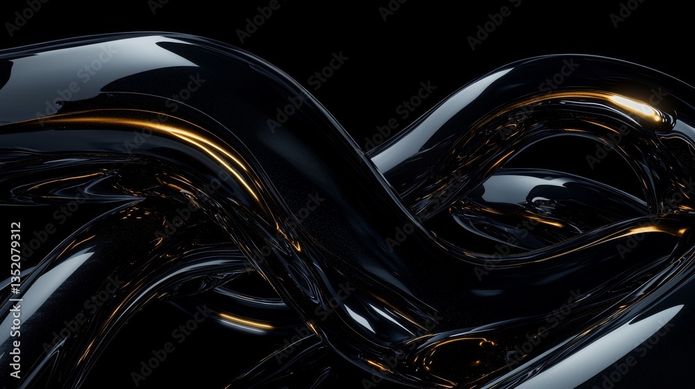 Abstract black fluid shapes with glossy texture.