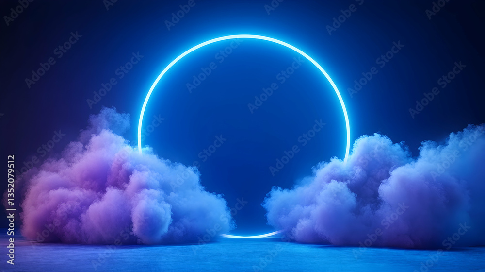 Obraz premium Glowing neon circle in purple smoke, dark studio background; product display