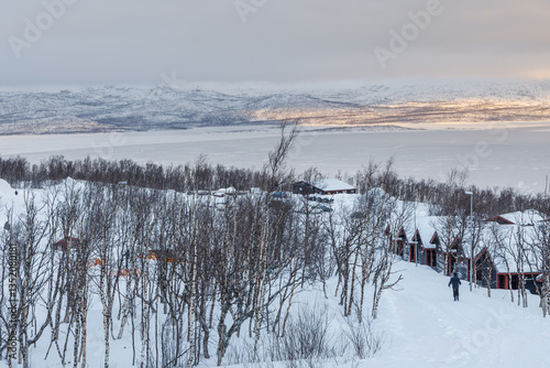 A frosty winter day at Tornetrask Lake. Bjorkliden, Lapland, Sweden.