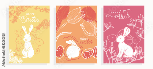 Warm Easter A4 designs with bunnies, hand drawn line art tulips and cherry blossoms. Set of saturated illustrations for social media, web and print projects. 