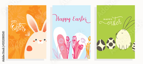 Playful Easter A4 designs with bunnies in the shape of eggs and hand drawn line art tulips. Set of saturated illustrations for social media, web and print projects. 