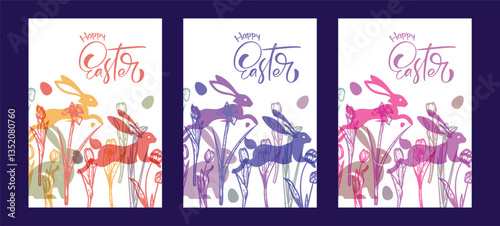 Elegant Easter A4 designs with hares, hand drawn line art tulips and eggs. Set of saturated colorful bunnies illustrations for social media, web and print projects. 