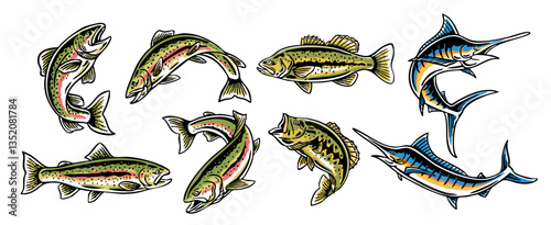  vector illustration set of various fish species, including trout, bass, and marlin. Ideal for fishing logos, outdoor designs, stickers, t-shirt designs.