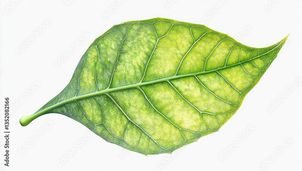 Obraz premium Close-up of a single, healthy-looking leaf with visible veins, displaying a mix of light and dark green hues
