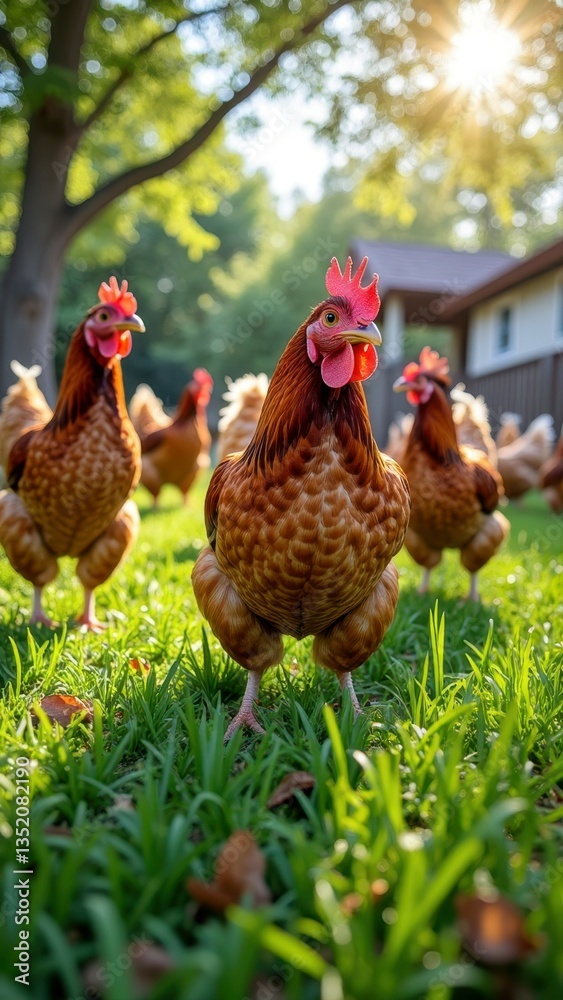 Fototapeta premium Curious chickens roaming in sunlit backyard farm scene