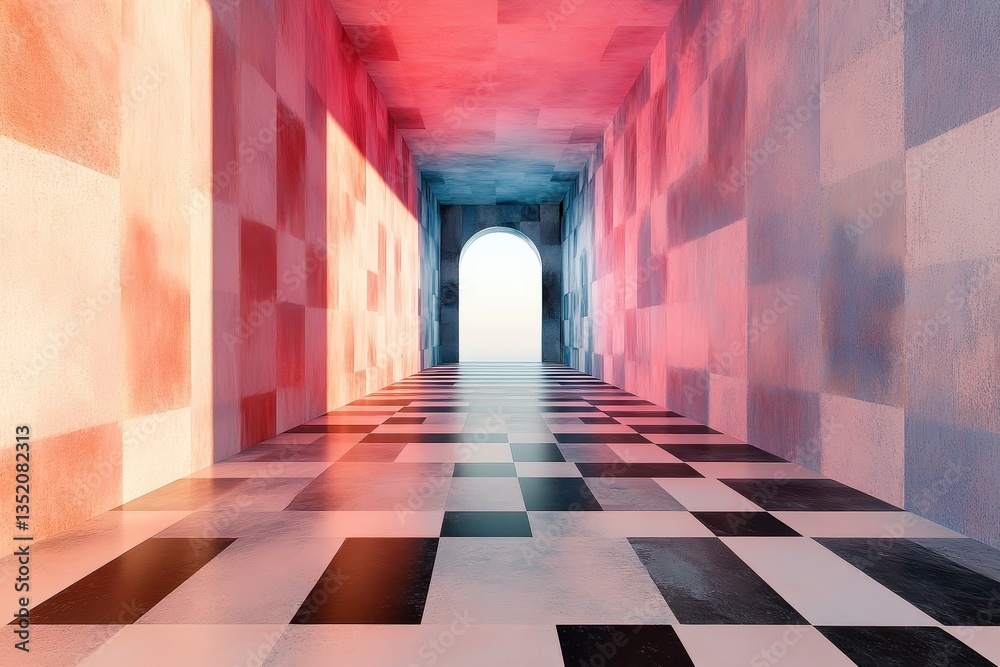 Fototapeta premium The long corridor with checkered floor and arched doorway awaits