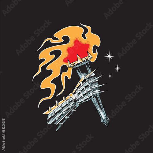 armored hand hold flaming torch