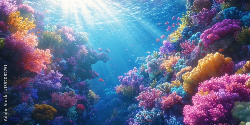 Naklejka premium Colorful vibrant underwater coral reef with sunlight shining down
