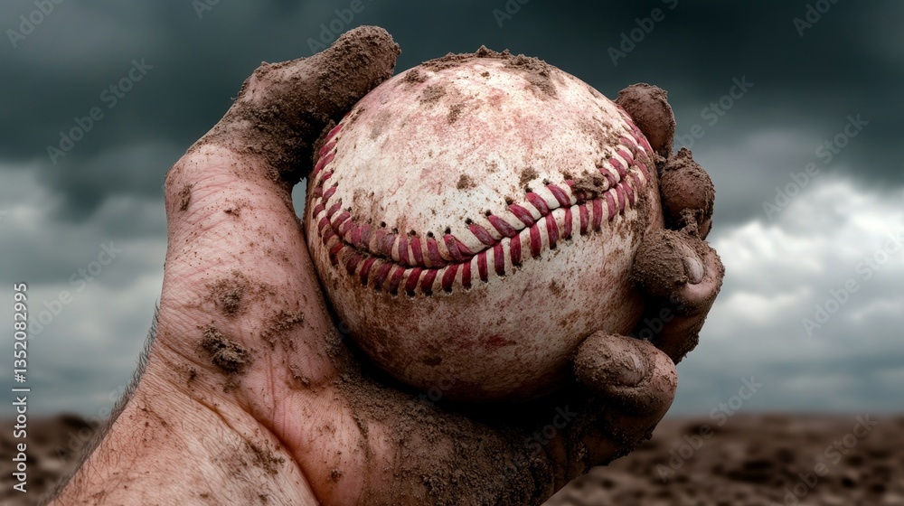 Obraz premium Athlete competes in intense softball match grimy field action shot dramatic sky