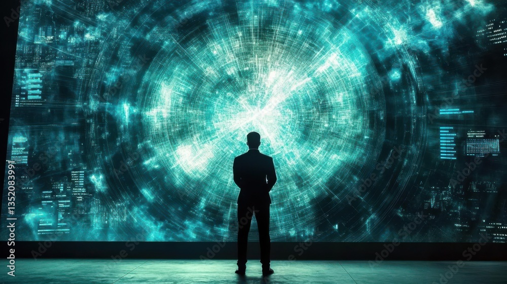 A silhouette of a man in a suit observing a futuristic digital display in a high-tech environment A silhouette of a man in a suit observing a futuristic digital display in a high-tech environment