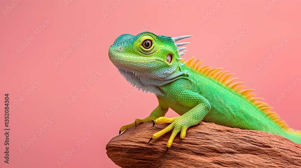 Naklejka premium Green iguana perched on wood, pink background, reptile portrait, pet animal photography, website banner