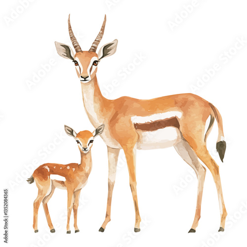 A watercolor vector painting of a mother gazelle with her kid, isolated on a white background.

