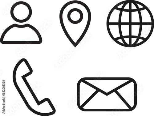 Icon set of location, web, phone and email. Signs for web and mobile apps. Vector icons.