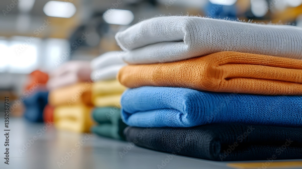 Efficiently organized textile manufacturing facility with precisely stacked and folded garments showcasing the precision and workflow of high end clothing production processes