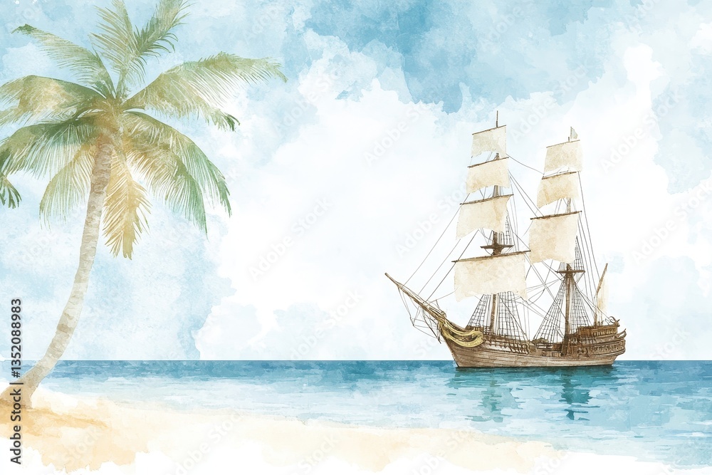 Watercolor image depicts a sailing ship and a palm tree on a shore Watercolor image depicts a sailing ship and a palm tree on a shore