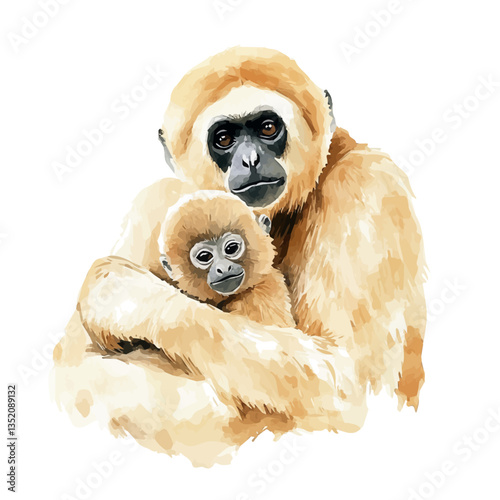 A watercolor vector painting of a mother gibbon with her kid, isolated on a white background.

