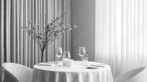 Elegant restaurant table setting: featuring chairs, glassware, flowers in a vase, with beautiful curtains, for fine dining.