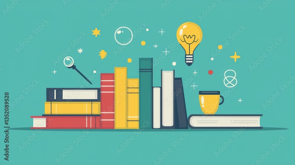 Naklejka premium Books, ideas, learning, education, research, background, study, teal