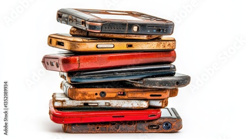 Stack of used, aged, and discarded mobile phones.  Various models, colors, and states of deterioration. Visible signs of rust, dirt, and grime
